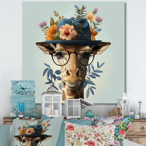 Portrait Of Giraffe With Glasses And A Hat - Giraffe Canvas Wall Art