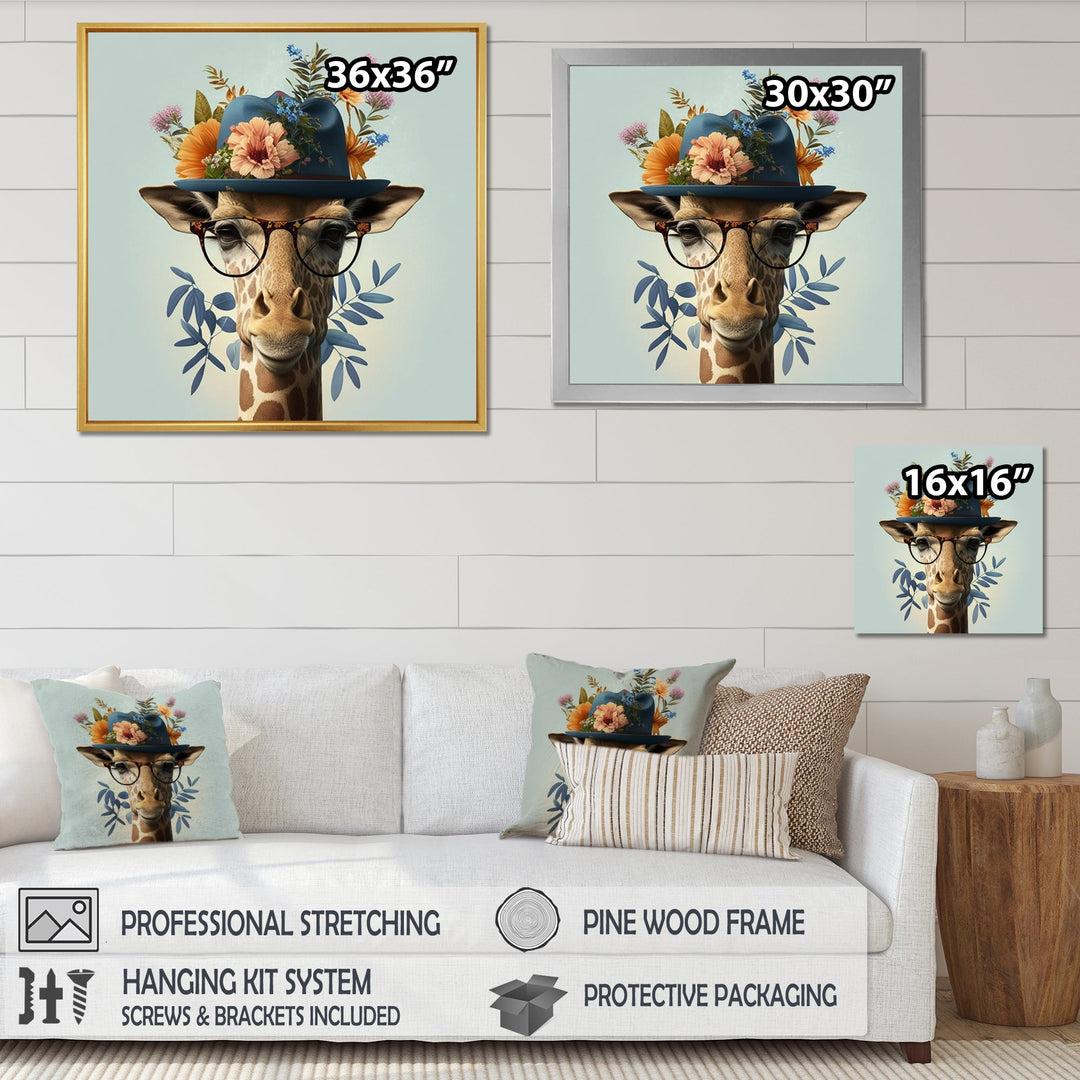 Portrait Of Giraffe With Glasses And A Hat - Giraffe Canvas Wall Art