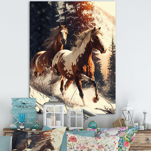 Wild Horses Galloping Winter Scene - Brown Horse Wall Art