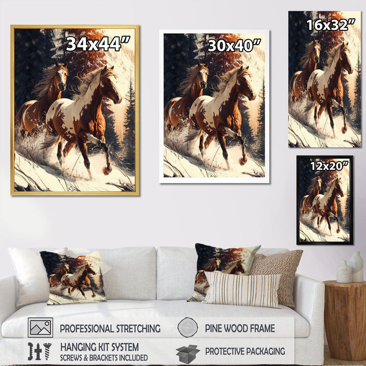 Wild Horses Galloping Winter Scene - Brown Horse Wall Art