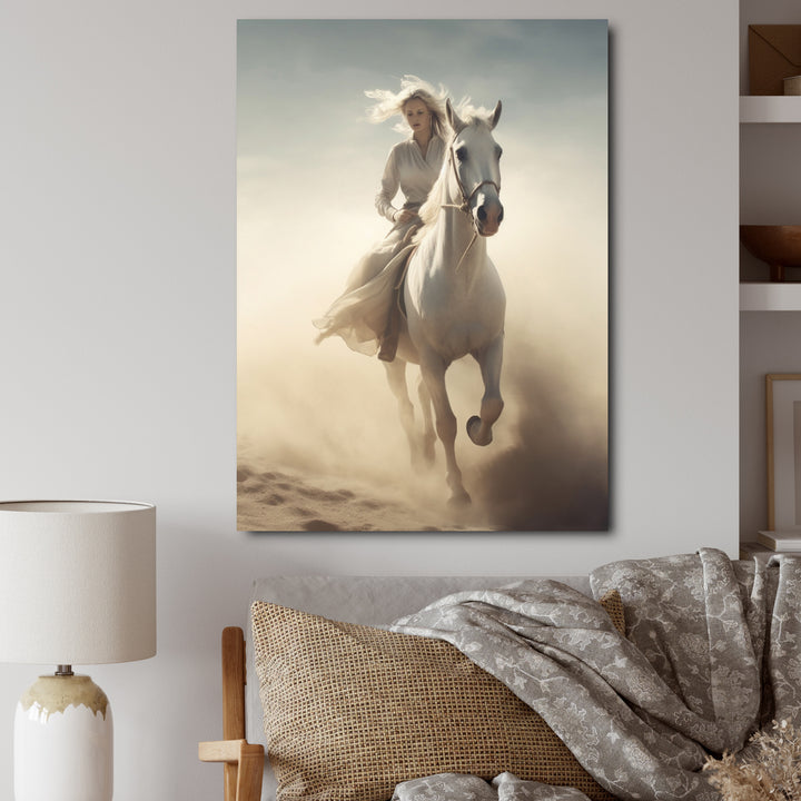 White Horse With Rider Galloping Desert Scene - Horse Framed Canvas Art