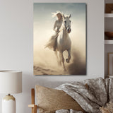 White Horse With Rider Galloping Desert Scene - Horse Framed Canvas Art