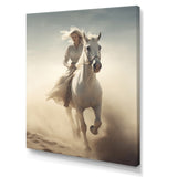 White Horse With Rider Galloping Desert Scene - Horse Framed Canvas Art