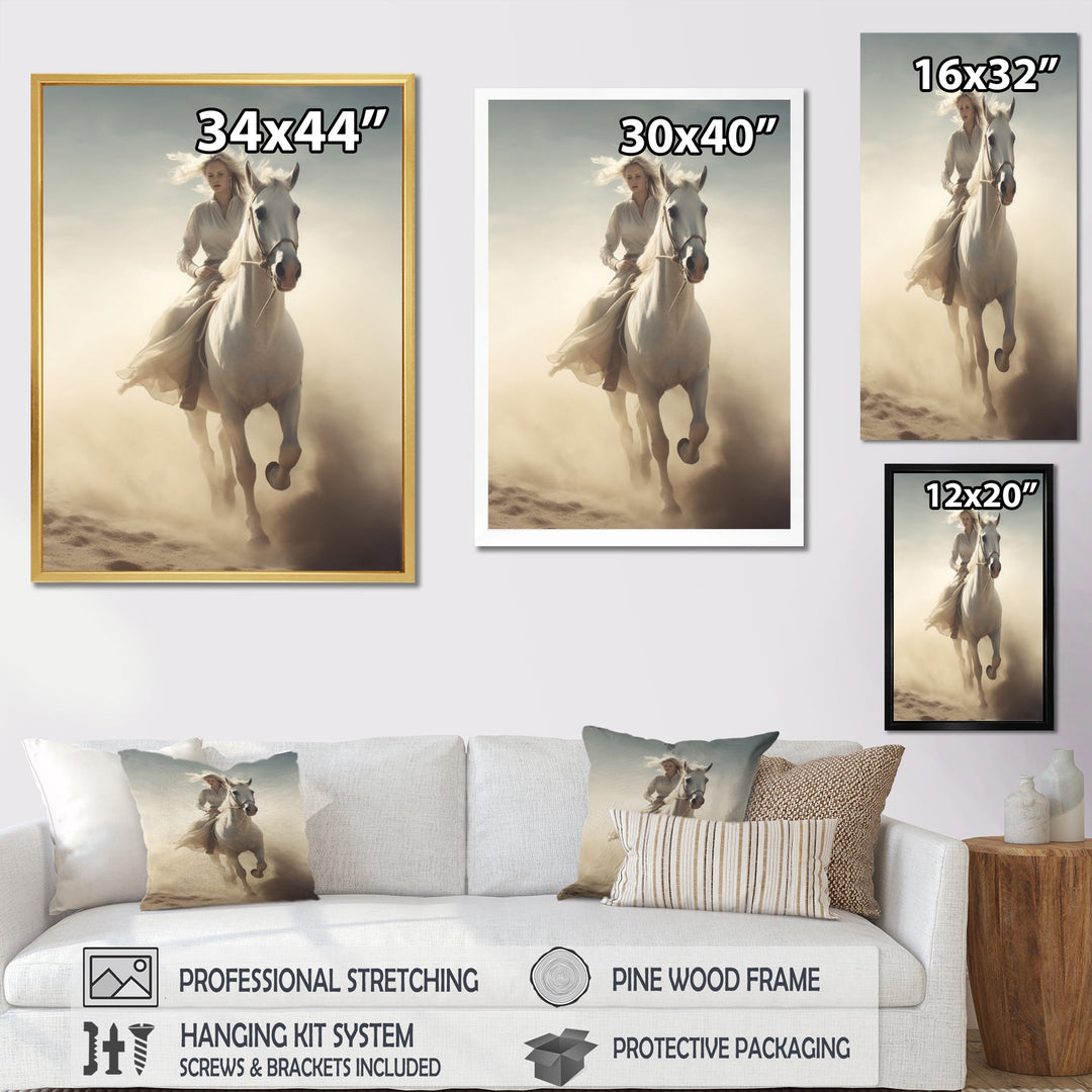 White Horse With Rider Galloping Desert Scene - Horse Framed Canvas Art