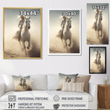 White Horse With Rider Galloping Desert Scene - Horse Framed Canvas Art