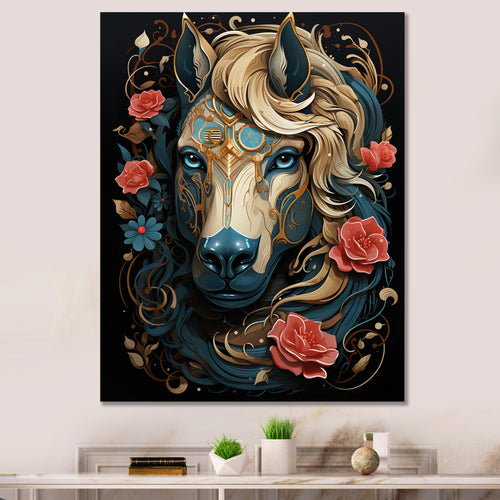 Retro Portrait Of White Horse With Red Roses - Horse Wall Art Prints