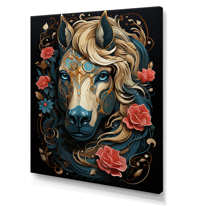 Retro Portrait Of White Horse With Red Roses - Horse Wall Art Prints