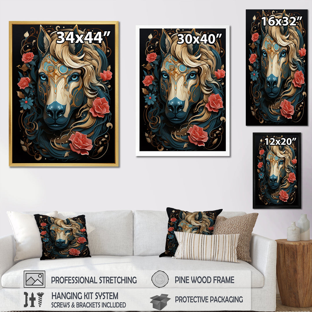 Retro Portrait Of White Horse With Red Roses - Horse Wall Art Prints