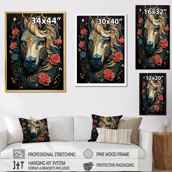 Retro Portrait Of White Horse With Red Roses - Horse Wall Art Prints