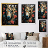 Retro Portrait Of White Horse With Red Roses - Horse Wall Art Prints