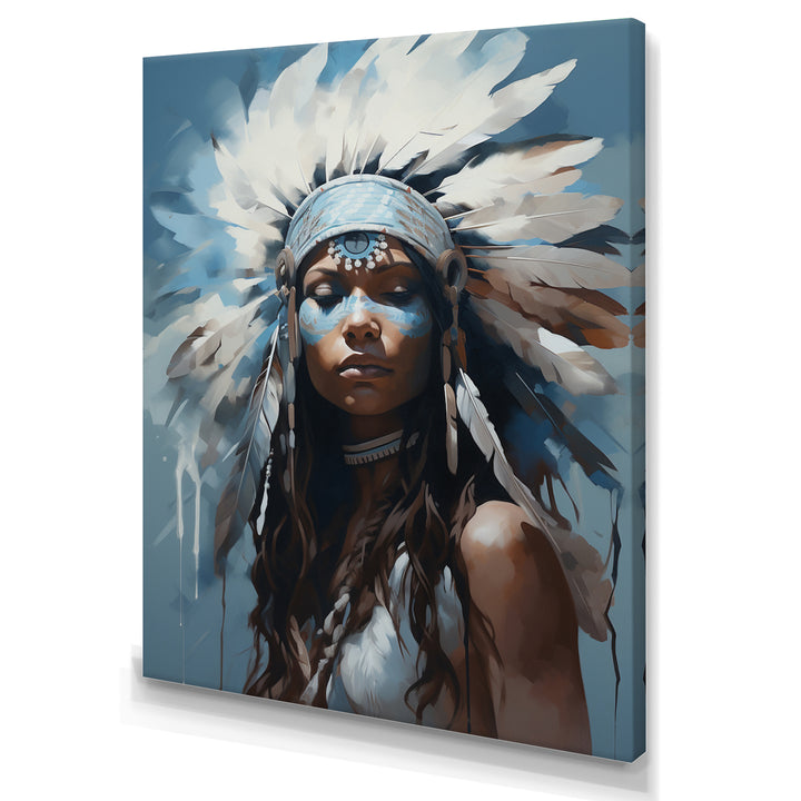 Vintage Portrait Female Native Feather Headdress - Lion Framed Canvas Art