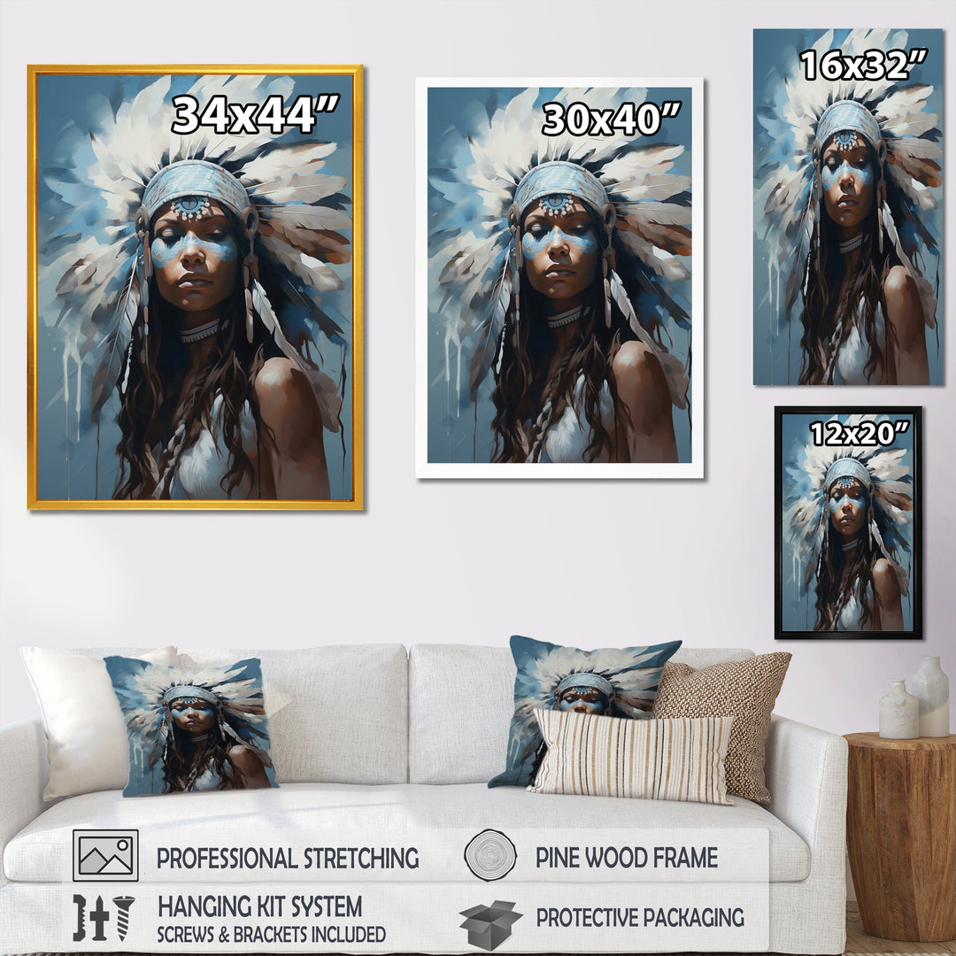 Vintage Portrait Female Native Feather Headdress - Lion Framed Canvas Art