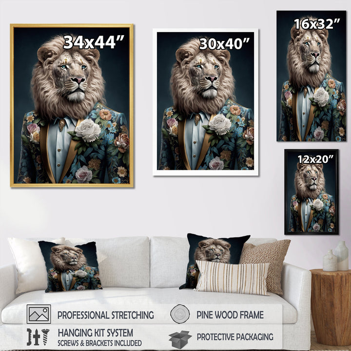 Glamorous Fashion Lion With Flower Suit - Lion Large Canvas Wall Art