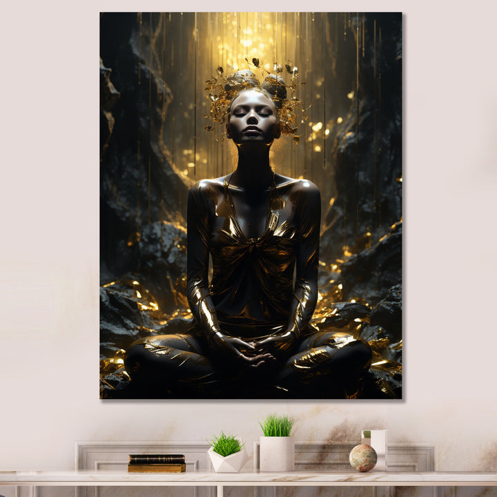 Mystical Woman Meditating Sunny Enchanted Forest - Lion Bedroom Wall Art