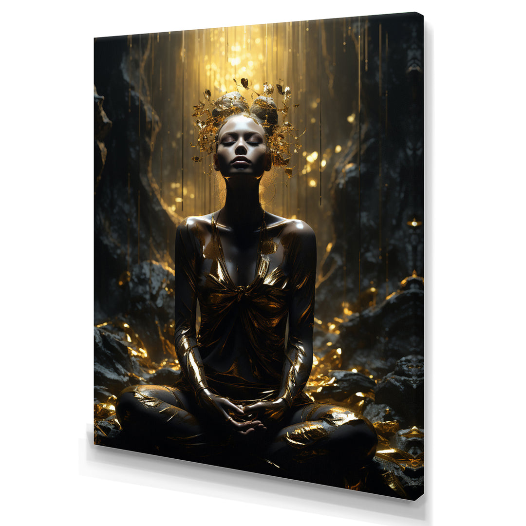 Mystical Woman Meditating Sunny Enchanted Forest - Lion Bedroom Wall Art