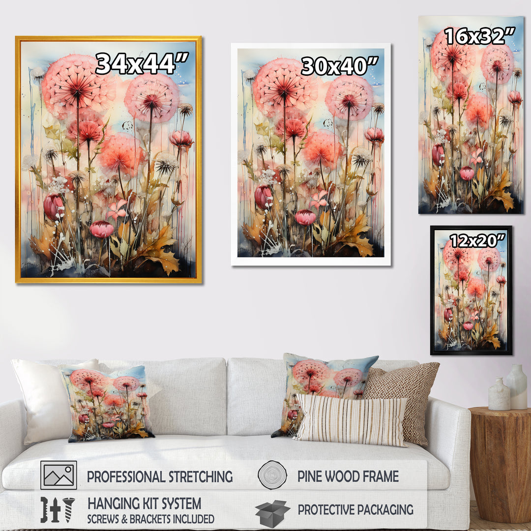 Pink Dandelion Retro Flower Illustration - Lion Canvas Wall Art