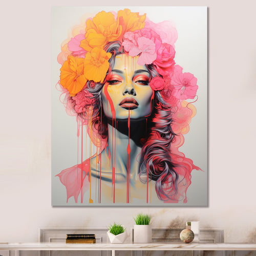 Vintage Iconic Portrait Pink Yellow Flower Woman - Lion Wall Art Prints