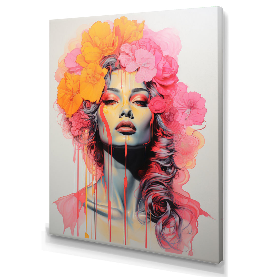 Vintage Iconic Portrait Pink Yellow Flower Woman - Lion Wall Art Prints