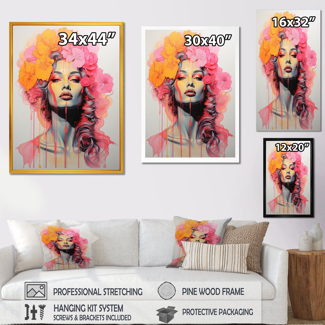 Vintage Iconic Portrait Pink Yellow Flower Woman - Lion Wall Art Prints