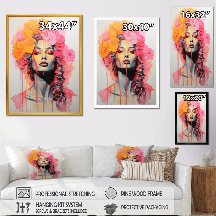 Vintage Iconic Portrait Pink Yellow Flower Woman - Lion Wall Art Prints