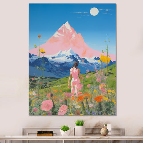 Pink Woman By Pink Mountain Flower Field Painting - Brown Lion Wall Art