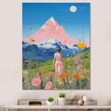 Pink Woman By Pink Mountain Flower Field Painting - Brown Lion Wall Art