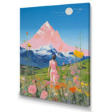 Pink Woman By Pink Mountain Flower Field Painting - Brown Lion Wall Art