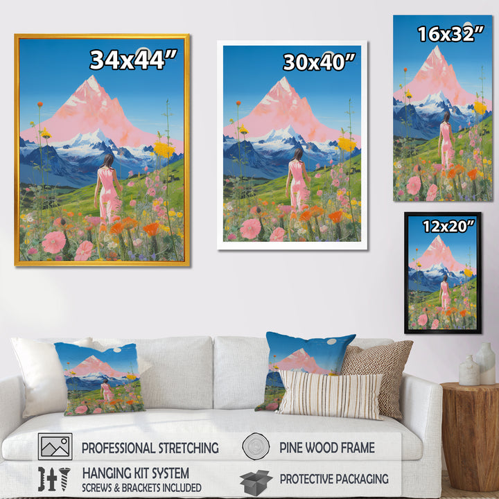 Pink Woman By Pink Mountain Flower Field Painting - Brown Lion Wall Art