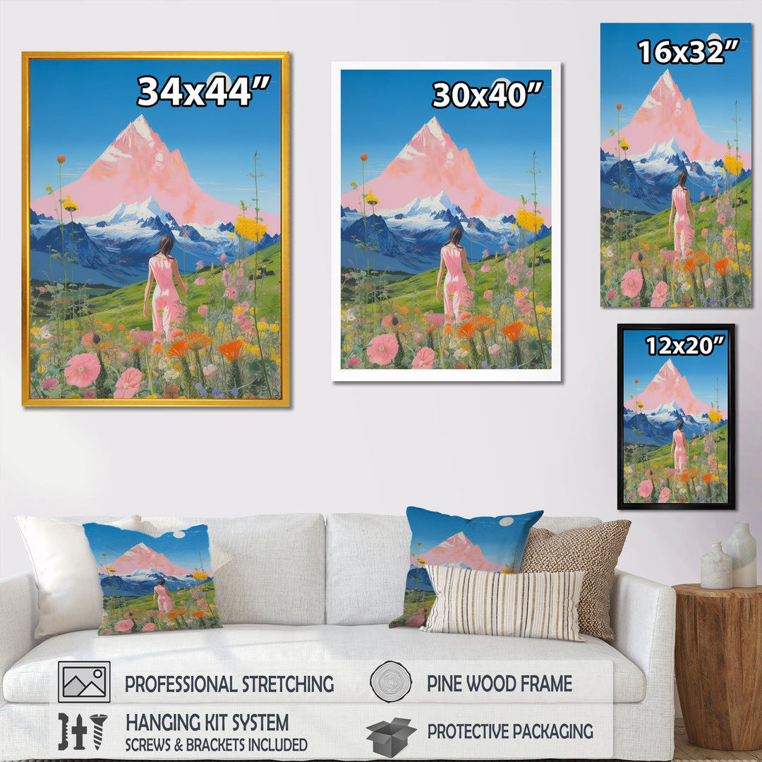 Pink Woman By Pink Mountain Flower Field Painting - Brown Lion Wall Art