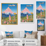 Pink Woman By Pink Mountain Flower Field Painting - Brown Lion Wall Art