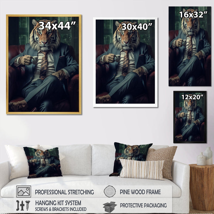 Glamorous Fashion Lion With Flower Suit In Couch - Lion Framed Canvas Art
