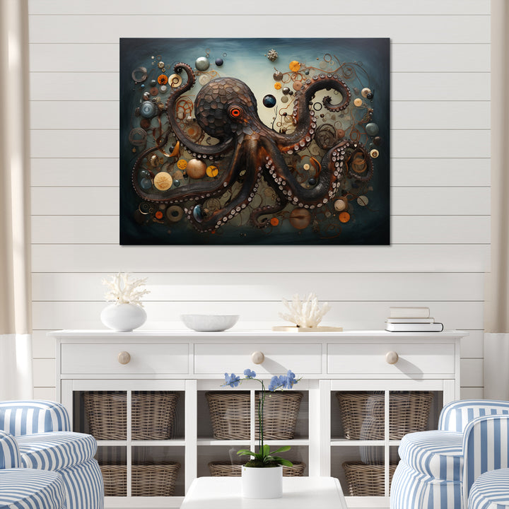 Portrait Of Brown Mystical Octopus Painting - Octopus Wall Decor