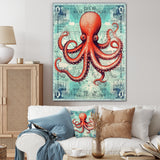 Retro Stamp Portrait Of Red Octopus - Octopus Large Canvas Wall Art