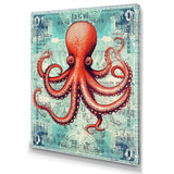 Retro Stamp Portrait Of Red Octopus - Octopus Large Canvas Wall Art