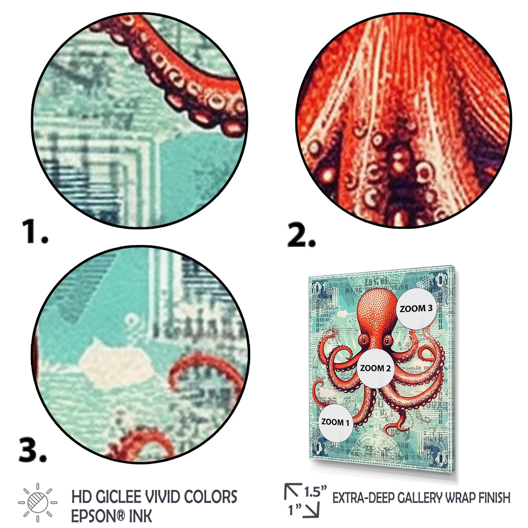 Retro Stamp Portrait Of Red Octopus - Octopus Large Canvas Wall Art