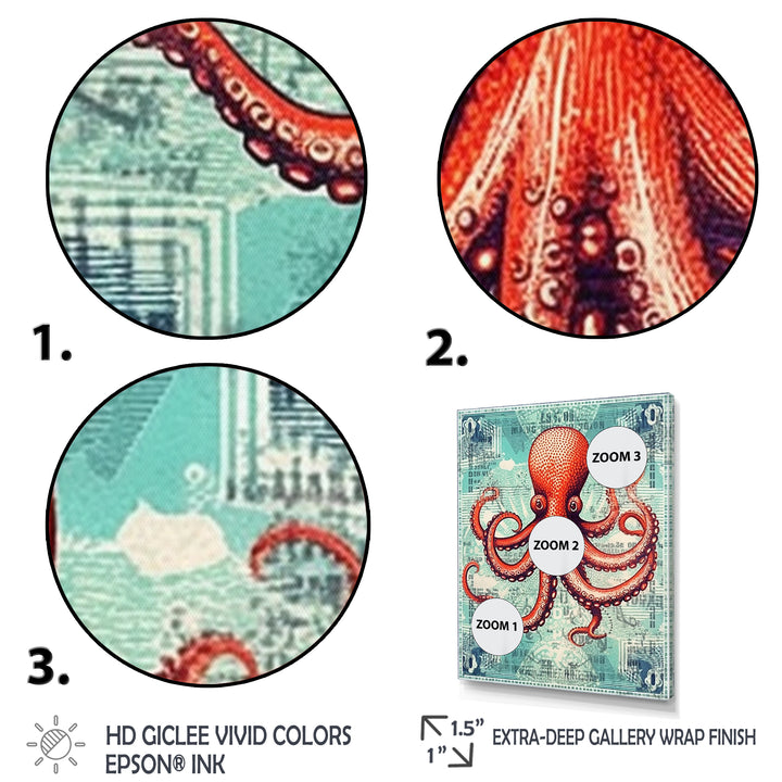 Retro Stamp Portrait Of Red Octopus - Octopus Large Canvas Wall Art