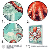 Retro Stamp Portrait Of Red Octopus - Octopus Large Canvas Wall Art