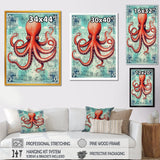 Retro Stamp Portrait Of Red Octopus - Octopus Large Canvas Wall Art