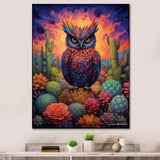 Purple Owl Surrounded By Cacti In The Desert - Owl Canvas Wall Art