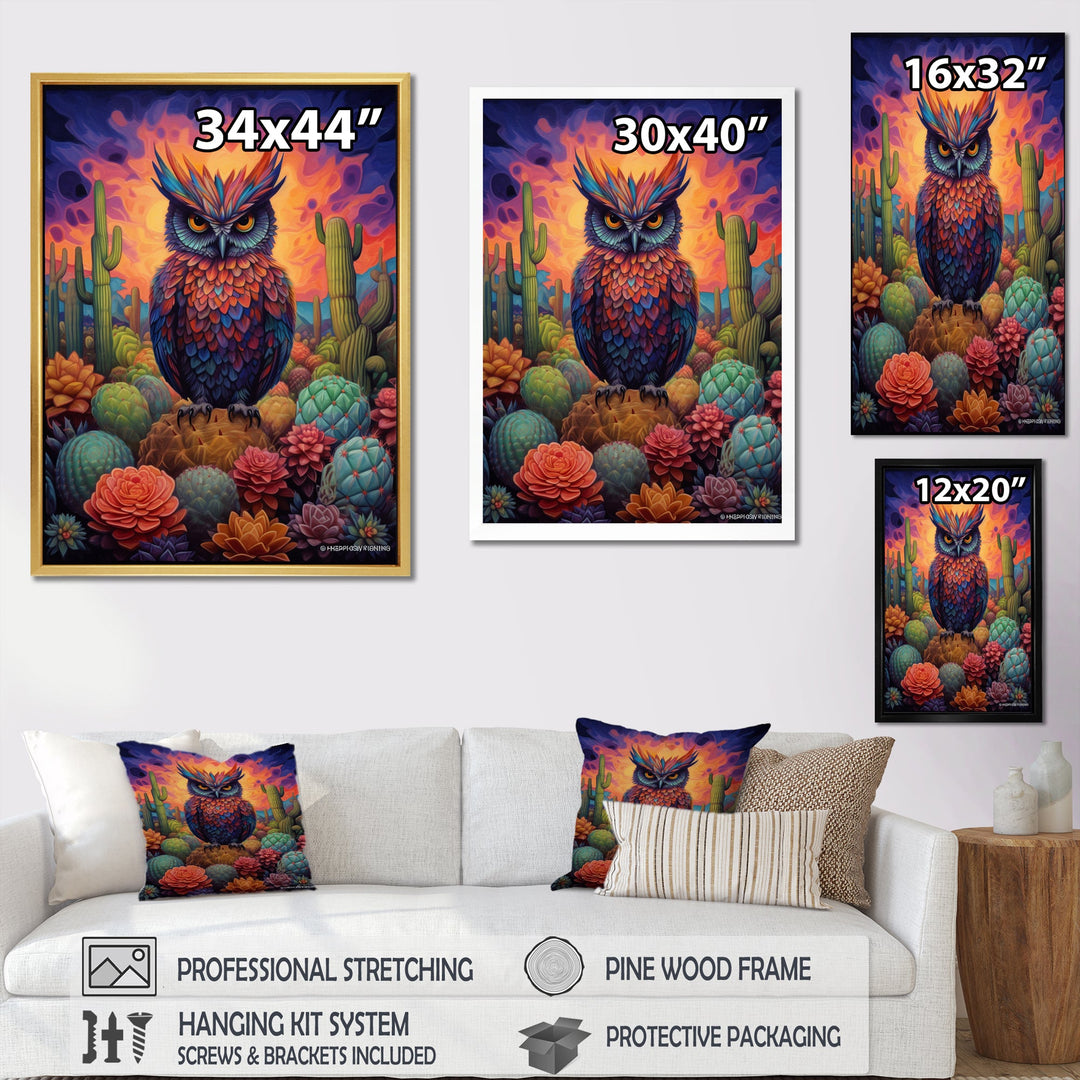 Purple Owl Surrounded By Cacti In The Desert - Owl Canvas Wall Art