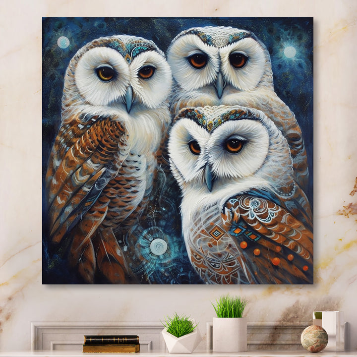 White Owl Gathering - Owl Large Canvas Wall Art