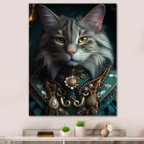 Portrait Of Majestic Cat Retro Royal Glam Outfit - Green Owl Wall Art