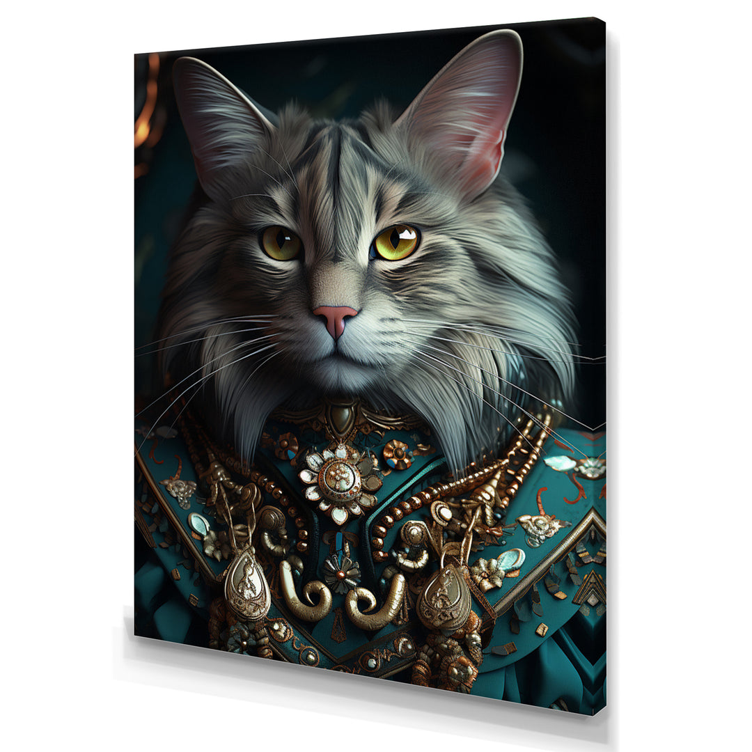 Portrait Of Majestic Cat Retro Royal Glam Outfit - Green Owl Wall Art