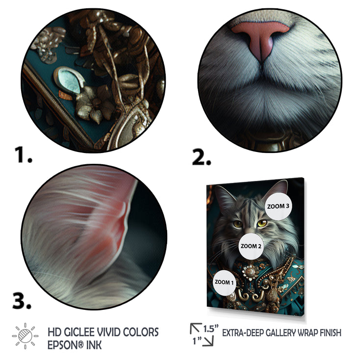 Portrait Of Majestic Cat Retro Royal Glam Outfit - Green Owl Wall Art