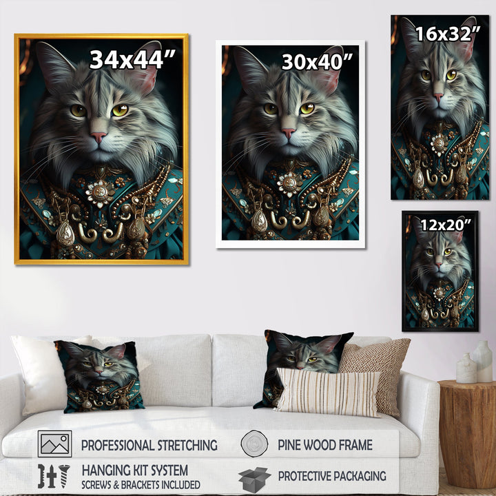 Portrait Of Majestic Cat Retro Royal Glam Outfit - Green Owl Wall Art