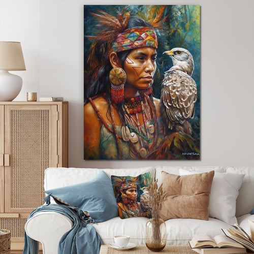 Native Woman With Magical Owl - Owl Wall Decor