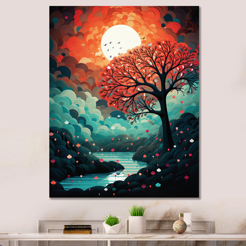 Magical Red Tree Next To Full Moon River - Owl Living Room Wall Art
