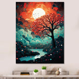 Magical Red Tree Next To Full Moon River - Owl Living Room Wall Art