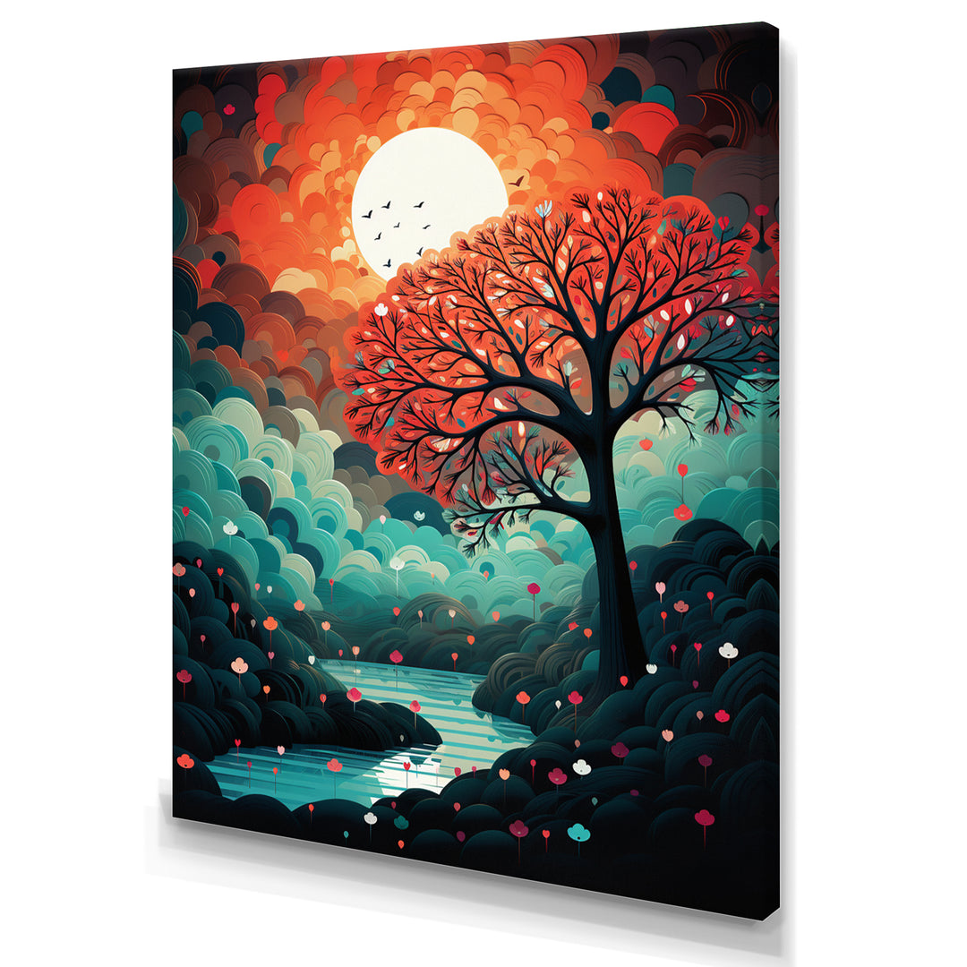 Magical Red Tree Next To Full Moon River - Owl Living Room Wall Art