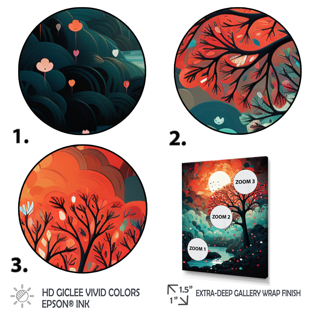 Magical Red Tree Next To Full Moon River - Owl Living Room Wall Art